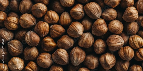 Dried unshelled hazelnuts serve as a background showcasing whole nuts. This macro view captures the essence of organic hazelnuts, highlighting the unique characteristics of hazelnut seeds. photo