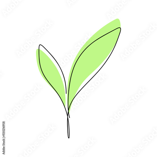 Fresh young sprout, juicy green tea leaf, contour, hand-drawn, isolated on a white background, vector. A botanical element for decoration, design, labels. Sketch the icon of a growing leaf in one line