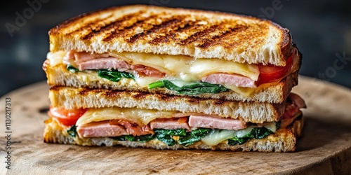 Delicious club sandwich featuring layers of ham, fresh tomato, cheese, and spinach, all served in a grilled panini style. Enjoy this flavorful club sandwich as a satisfying meal option. photo