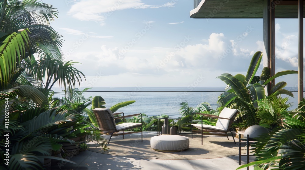 Fototapeta premium Ultra detailed balcony with a view of the ocean, minimalist white furniture