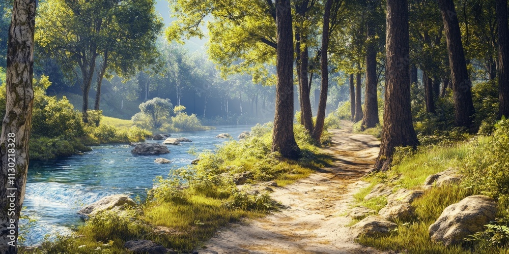 Fototapeta premium Scenic view along a wild forest trail beside a river in a tranquil park setting, highlighting the beauty of nature and the serene atmosphere of the wilderness in the forest trail experience.