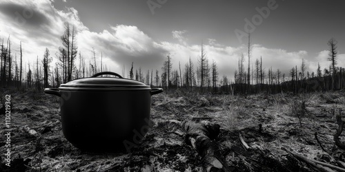 Black and white image showcasing a crock pot amidst the aftermath of a burned forest, highlighting the contrast of the crock pot against the charred landscape in a stark visual narrative.