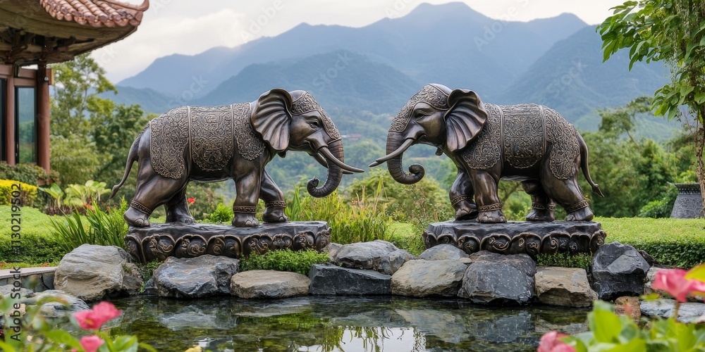 Fototapeta premium Elephant Pond Statue Set Amidst Majestic Mountain Landscapes, Showcasing the Unique Beauty of the Elephant Pond Statue and Its Serene Natural Surroundings in the Mountain Area.