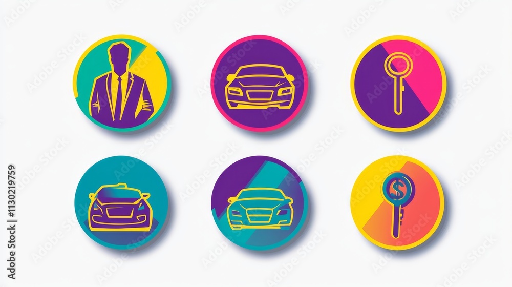 Fototapeta premium Colorful Car Service App Icon Set: Vibrant and modern icon set for a car service app, featuring a driver, car, and key icons in colorful circles with a trendy design. 