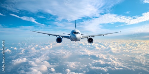 Passenger airplane soaring high in the sky, above the clouds, showcasing a stunning view. This passenger airplane captures the essence of flying at flight level amid the beautiful blue sky. photo