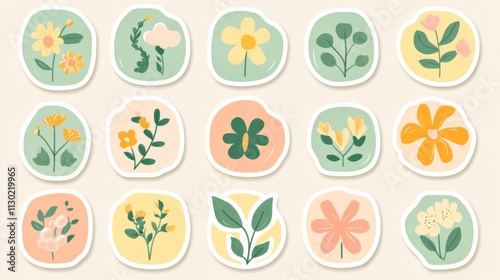 Blooming Stickers: A vibrant collection of hand-drawn floral stickers, perfect for adding a touch of nature and whimsy to your designs.   photo