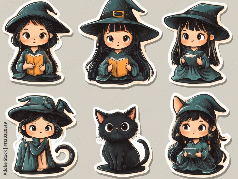 Adorable Witch Stickers: A collection of six charming witch stickers and one adorable black cat sticker, perfect for adding a touch of whimsical magic to any project. Adorable Witch Stickers: A collection of six charming witch stickers and one adorable black cat sticker, perfect for adding a touch of whimsical magic to any project.