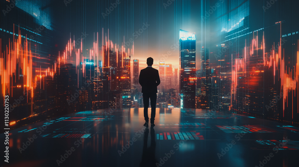 Abstract business man stands on the peak of success amid tall, innovative Smart city and graphs with statistics to analyze business potential and predict future developments in company growth. Abstract business man stands on the peak of success amid tall, innovative Smart city and graphs with statistics to analyze business potential and predict future developments in company growth.