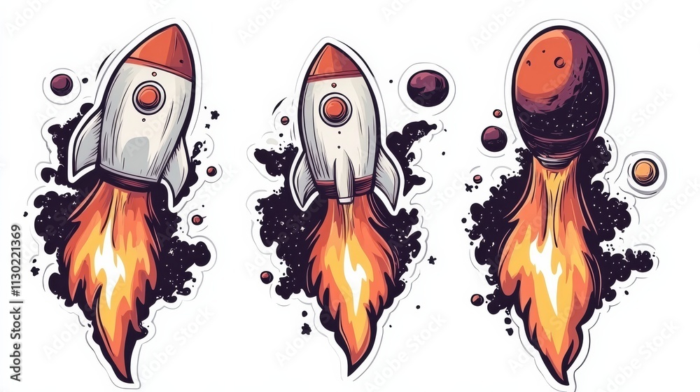 Fototapeta premium Rocket Launch Set: Three vibrant rockets blasting off into space, set against a backdrop of stars and planets. Perfect for branding, websites, and children's illustrations. 