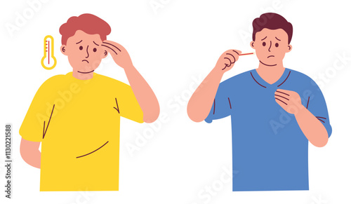 Sick Man with Fever with High Temperature