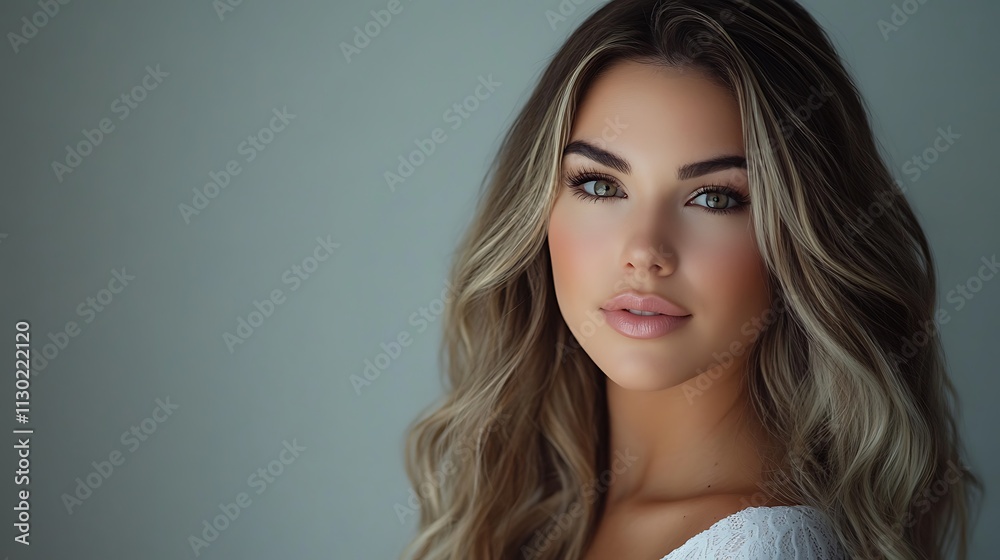 Close-up portrait of a young woman with long, wavy blonde hair and makeup. Close-up portrait of a young woman with long, wavy blonde hair and makeup.