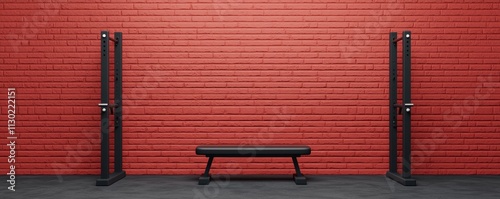 health solutions rehabilitation concept. A minimalist gym setup featuring a black bench and two squat racks against a red wall, ideal for fitness training and strength exercises. photo