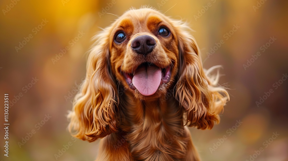 Naklejka premium Happy golden Cocker Spaniel with a big smile in a blurred autumn setting, cute wallpaper photography for dog lovers