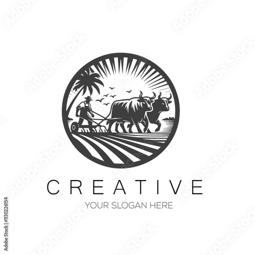 Farmer Plowing Fields with a pair of oxen logo design. Agricultural logo design