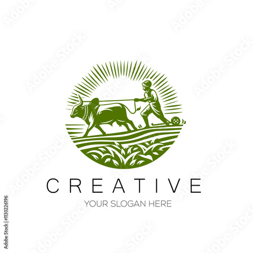 Farmer Plowing Fields with a ox logo design. Agricultural logo design