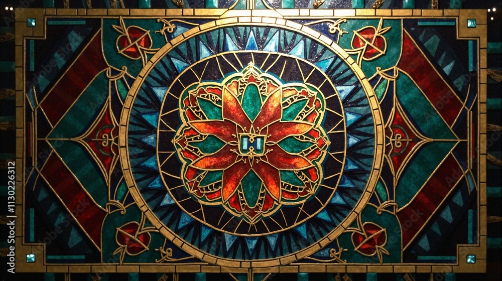 Fototapeta premium Art Deco revival featuring intricate mosaic design in rich jewel tones with gold inlay