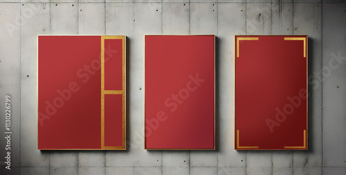 A mockup of three blank red posters with gold accents attached to a textured concrete wall. The posters are minimalist with no text.  a Chinese-inspired aesthetic photo
