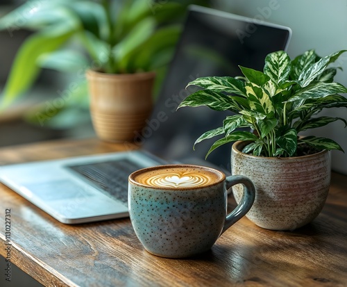 A steaming cup of black tea adorned with delicate flowers rests on a wooden table, ready to be enjoyed as a healthy and invigorating b photo