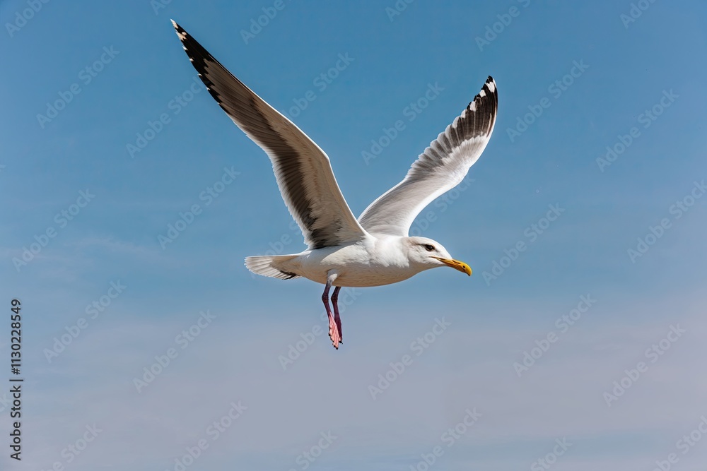Obraz premium Stunning Seagull Soaring Against a Bright Blue Sky