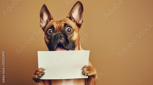 French Bulldog puppy dog with shocked surprised face holding a piece of blank white paper, good grade student, mock up, exam test paper, shocking news	