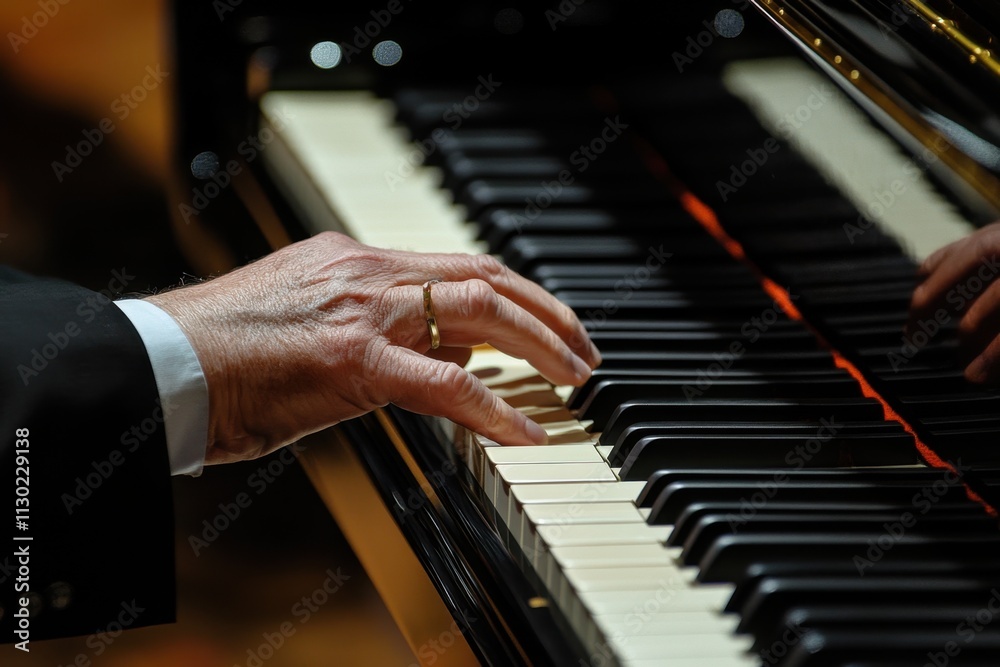 Fototapeta premium Pianist's hands playing an intricate melody on a grand piano concert hall close-up photography elegant environment artistic perspective for music lovers and enthusiasts