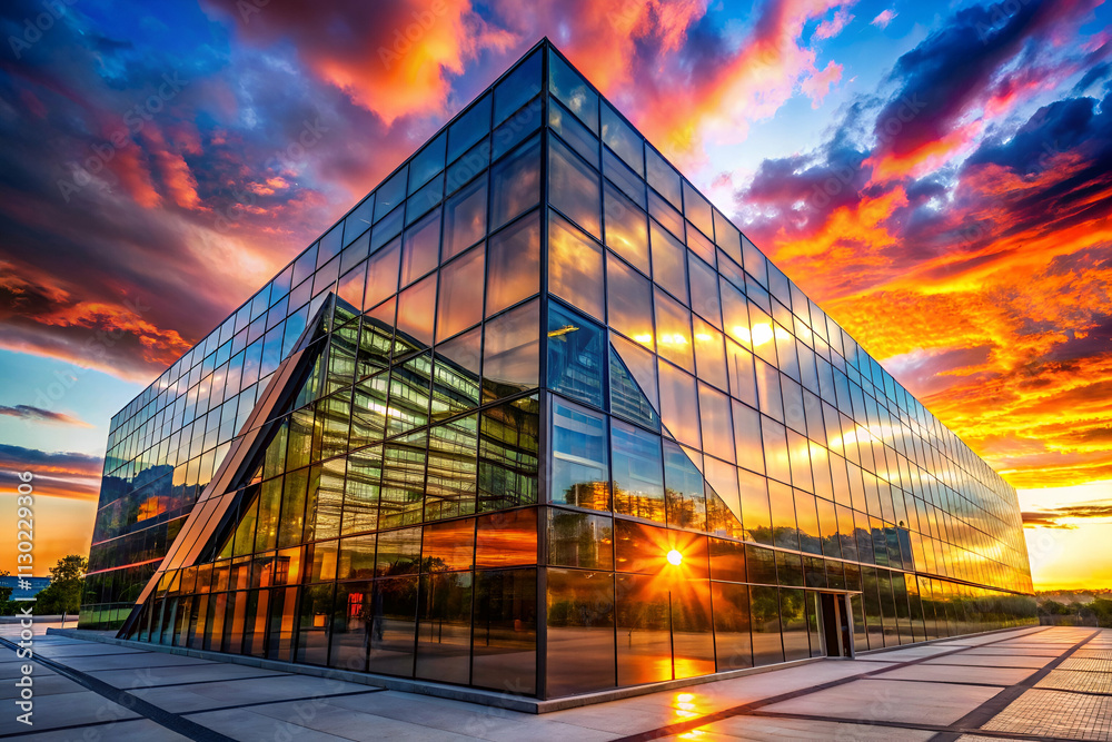 custom made wallpaper toronto digitalA modern glass building reflects a vibrant sunset with colorful clouds, showcasing contemporary architecture and a dynamic atmosphere.