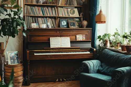 Cozy living room scene featuring a vintage upright piano warm home atmosphere inviting interior design natural lighting nostalgic ambiance for music lovers photo