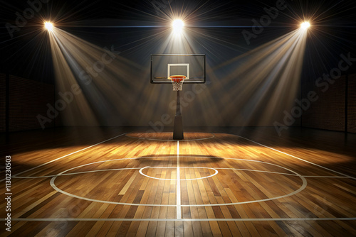 A well-lit basketball court featuring a hoop and wooden flooring, creating a dramatic atmosphere for sports photography. photo