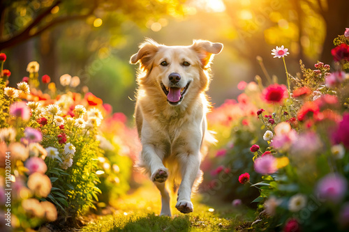 Golden retriever running joyfully through a vibrant flower garden, illuminated by warm sunlight, creating a cheerful and lively atmosphere.