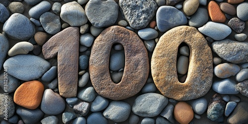 Coastal rocks creatively arranged to depict the number 100, showcasing the natural beauty and unique formations of coastal rocks in an artistic way. Coastal rocks create an engaging visual. photo