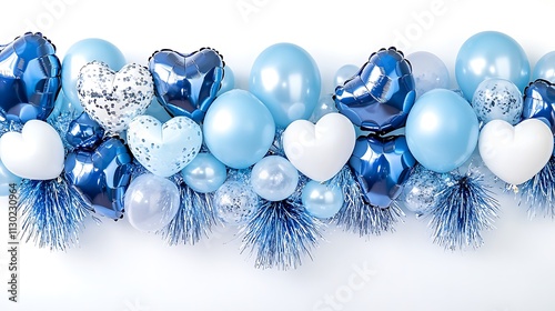 Festive blue and white heart balloons and tinsel garland.