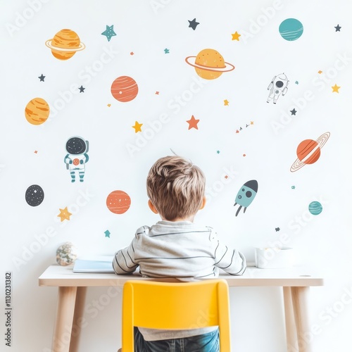 Cosmic Kids Room Decor: Adorable toddler seated at desk, gazing at enchanting space-themed wall decals featuring planets, stars, astronauts, and rockets. Perfect for nurseries, playrooms. photo