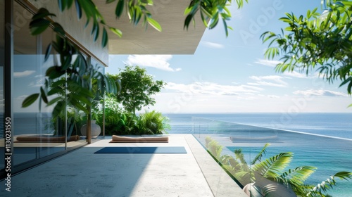 Ultra detailed balcony with an ocean view, equipped with a yoga mat