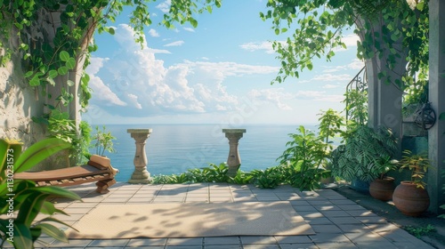 Ultra detailed balcony with an ocean view, equipped with a yoga mat