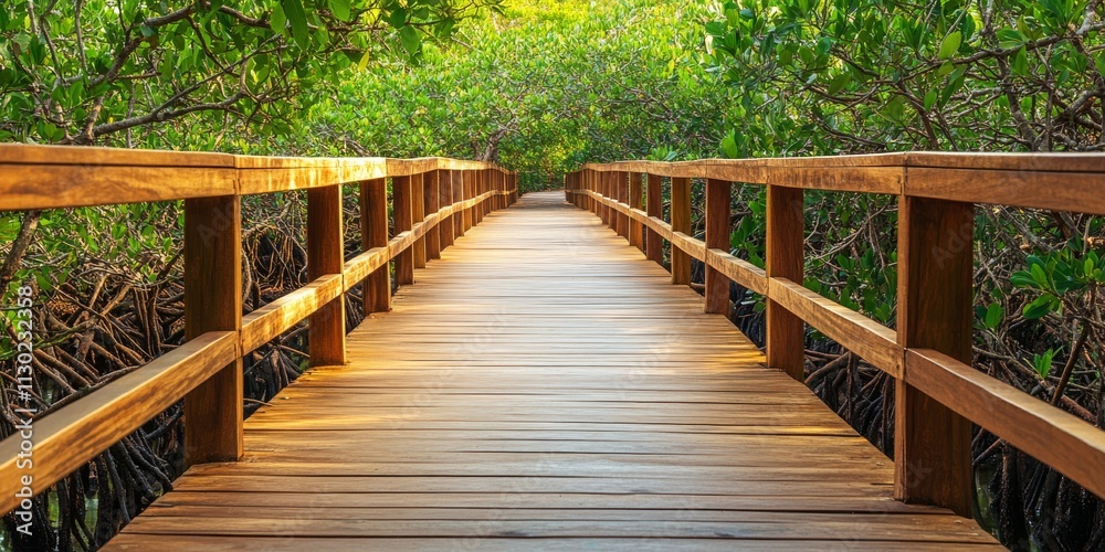 Obraz premium Wooden walkway bridge leading through the enchanting mangroves, offering a serene perspective of the lush mangrove surroundings and inviting nature exploration along the wooden bridge.