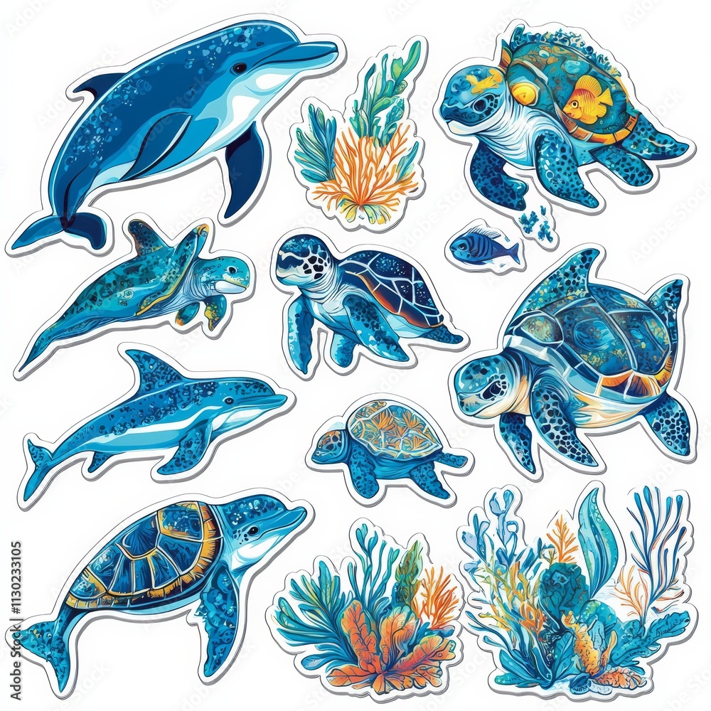 Fototapeta premium Ocean Wonders: A vibrant collection of dolphins and sea turtles, meticulously illustrated in shades of blue, against a backdrop of coral reefs. Perfect for marine-themed projects and designs. 