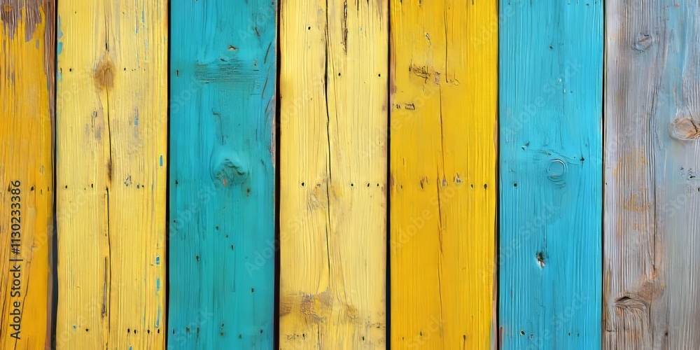 Fototapeta premium Vibrant old painted wooden background featuring colorful wooden textures. This cropped shot of a wooden fence showcases wall texture grunge, ideal for text placement with yellow and blue painted