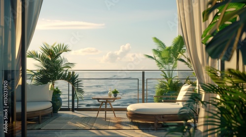 Ultra detailed balcony with an ocean view, featuring a cozy seating area photo