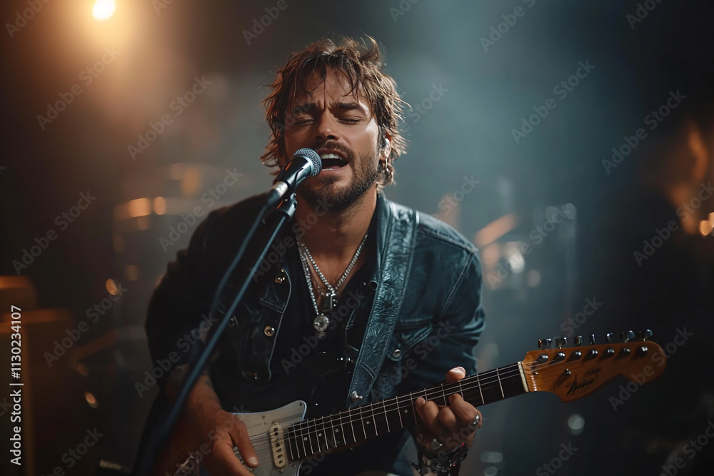 Obraz premium マイクで歌う男性