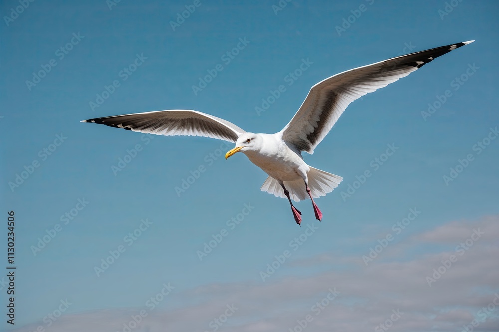 Obraz premium Graceful Seagull's Descent in Clear Sky with White Feathers