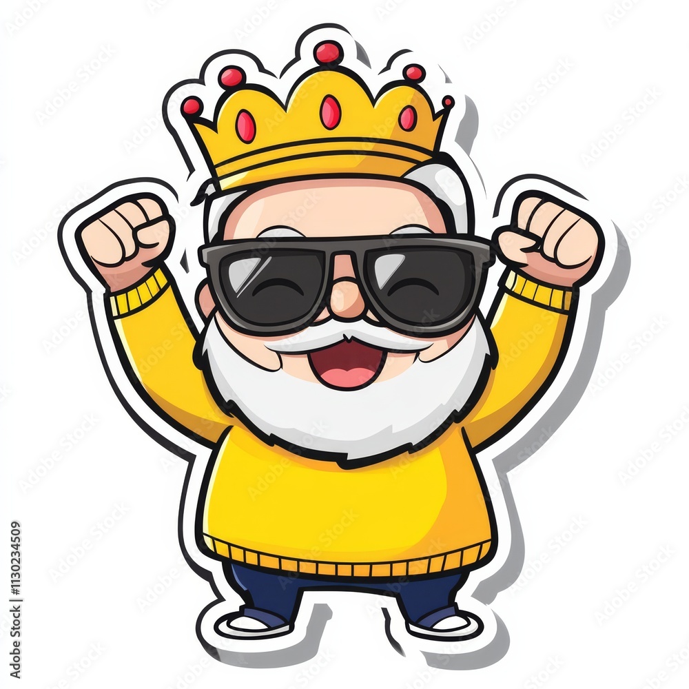 Naklejka premium King of Cool: A cheerful cartoon grandpa with a crown, shades, and a big grin, radiating confidence and joy. He is wearing a yellow sweater and jeans. 