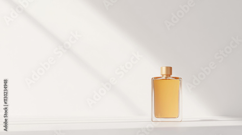 A minimalist perfume bottle stands elegantly on white surface, illuminated by soft sunlight, creating serene and sophisticated atmosphere