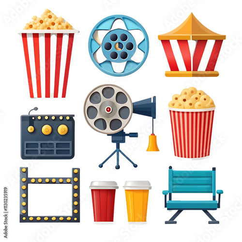 Set Movie, popcorn, bench, filmoscope, movie panorama, on transparent background. Png File photo