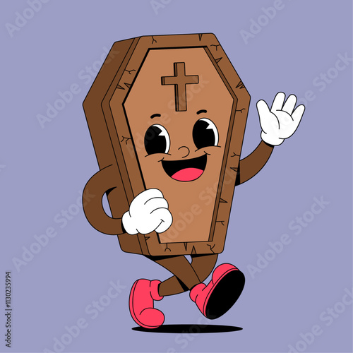 Walking wooden coffin cartoon mascot