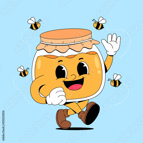 Walking honey jar cartoon mascot