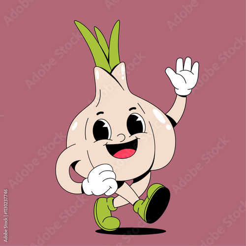 Walking garlic retro cartoon mascot