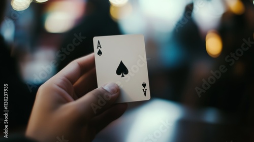 Close-up of a hand holding an ace of spades card, ideal for themes of gambling and poker strategy. photo