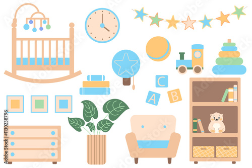 Baby boy, girl room furniture, toys in flat style. Children room interior. Nursery, baby cot, chair, book shelf, clock, flags, plant, toys. Flat Vector illustration. Blue, green, yellow colors