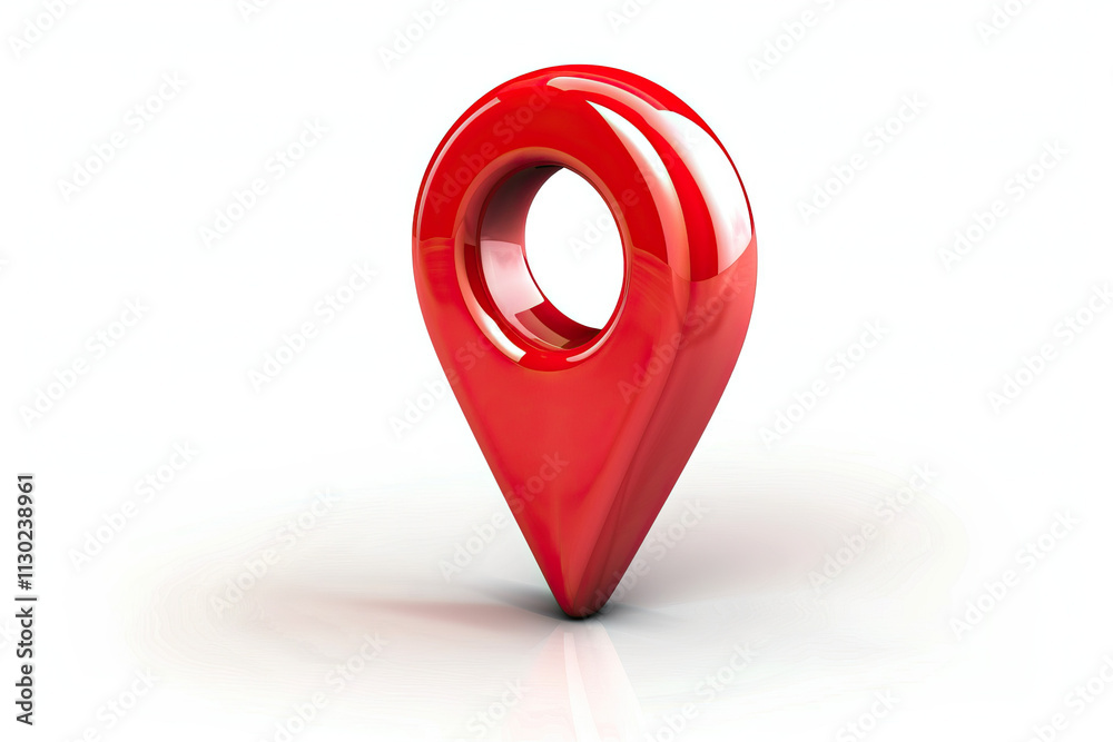 Red location pin with a glossy finish and a modern design on a clean white background symbolizing navigation and travel