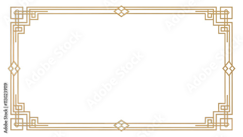Elegant gold art deco border with intricate geometric patterns, isolated on transparency background, perfect for invitations, certificates, or decorative designs